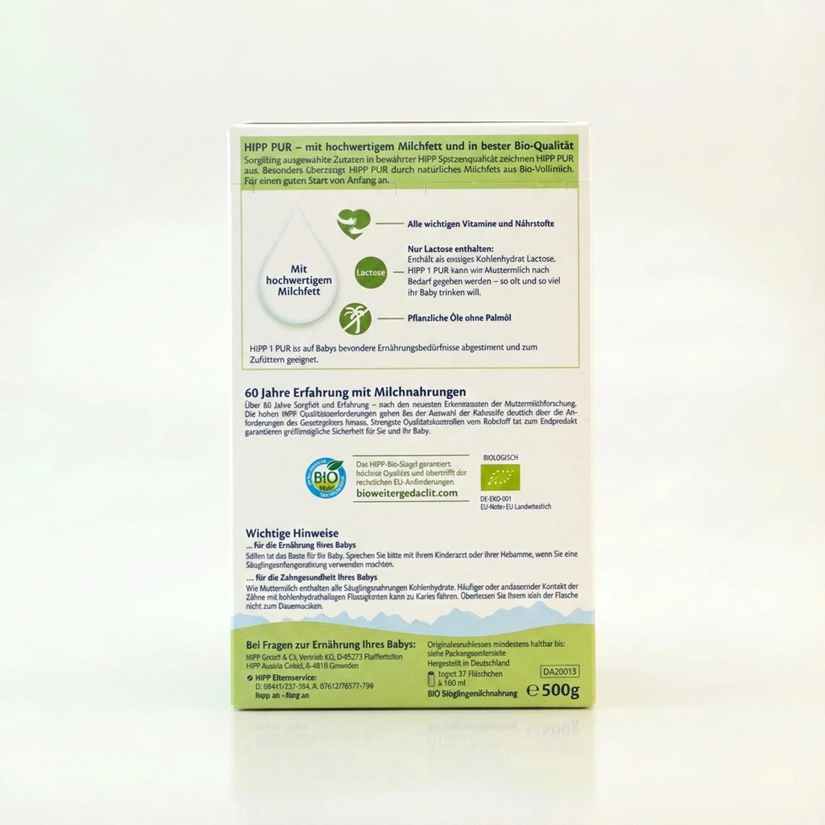 HiPP-1-PUR-Organic-Infant-Formula-Stage-1-Packaging-Back|Organic Formula Hub